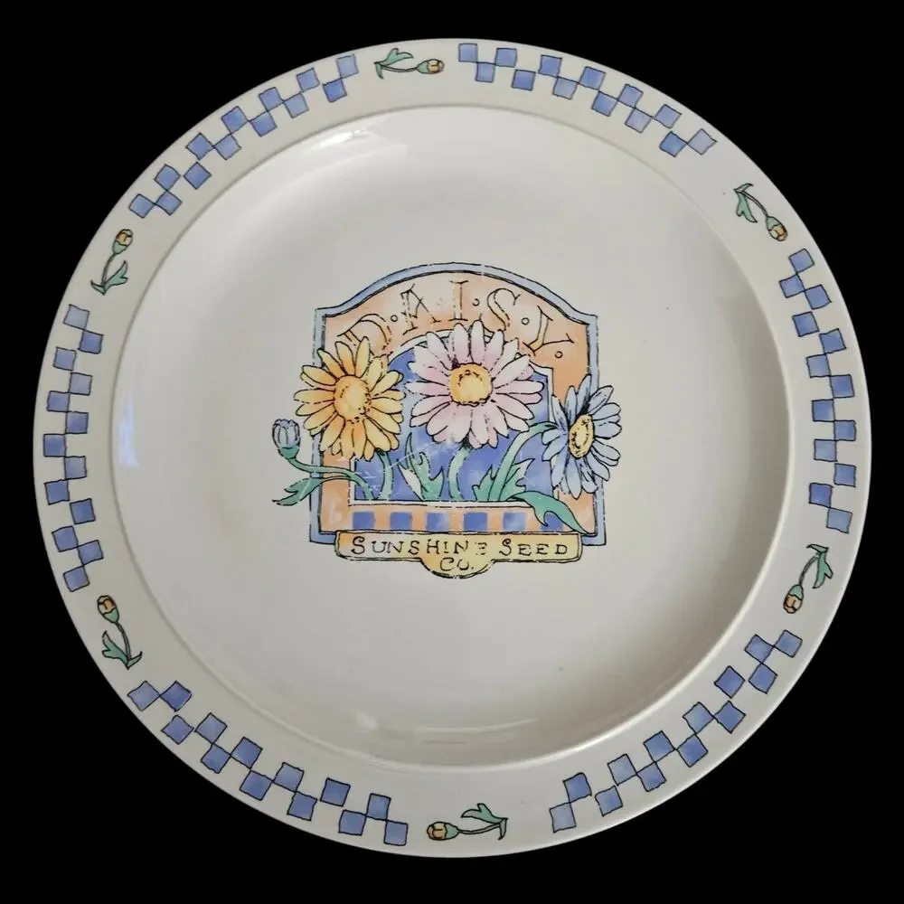 Sunshine Seed Company Floral Garden Dinner Plate Blue Check Stoneware